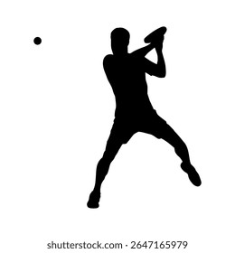 Jogador de padel em poderosa silhueta de postura de mão, atleta masculino batendo bola de padel com silhueta de raquete