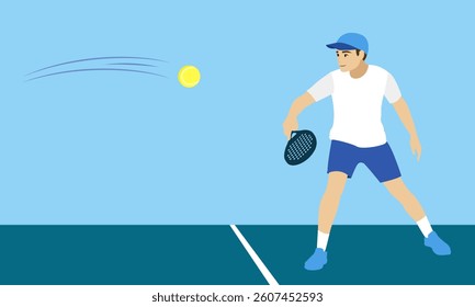 Padel player striking the ball with a racket during an intense match on a vibrant blue padel court, showcasing skill and athleticism