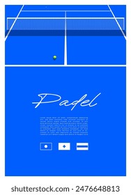 padel poster, blue court, ball, racket