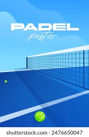 padel poster, blue court, ball, clouds, net