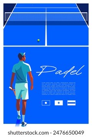 padel poster, blue court, ball, clouds, net, player with a racket in his hands