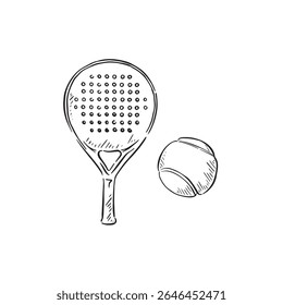 Raquete de padel e mão de bola desenhada em preto e branco. 