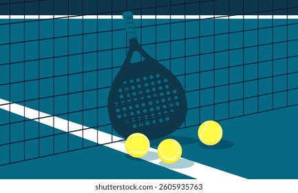 Padel racket and balls positioned near the net on a vibrant blue padel court, set for an exciting match in the competitive sport