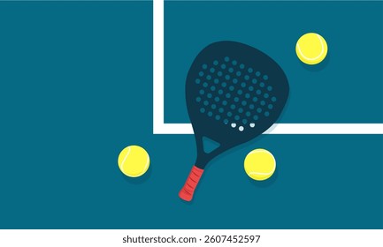 Padel racket and balls resting near the corner of a vibrant blue padel court, ready for an exciting game filled with competition and strategy