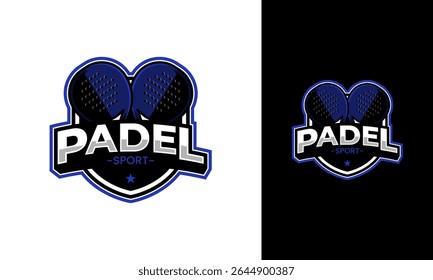 Padel racket logo design. Emblem symbol with shield and star concept for club or team icon. Sport vector template