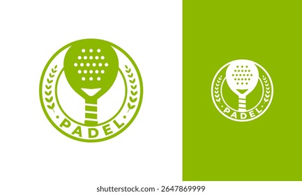 Projeto do logotipo da raquete de Padel. Símbolo desportivo com cor verde e ícone de trigo. Modelo de vetor de emblema de círculo