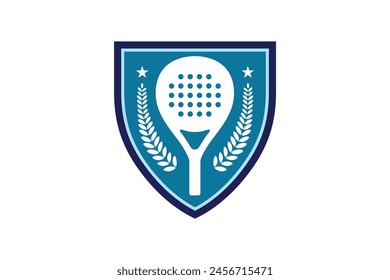 Padel racket with shield icon logo vector design illustration