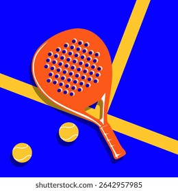 Padel Racket and Tennis ball close up on the court pop art vector illustration. Padel ball.