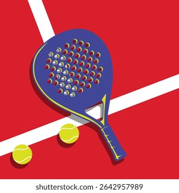 Padel Racket e Tennis ball se aproximam na ilustração vetor pop art quadra. Bola de Padel.