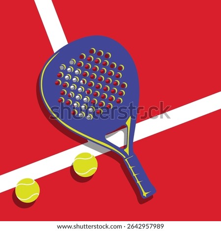 Padel Racket and Tennis ball close up on the court pop art vector illustration. Padel ball.