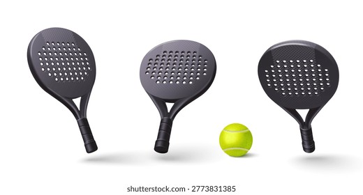 Padel racket with yellow ball isolated on white background. Vector design elements, modern sport equipment, black paddle tennis racquet illustration for tournament or championship banners, sports game