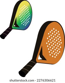 padel rackets: vector illustration of two round shaped paddle tennis rackets, bright colors, gradient green, yellow. orange