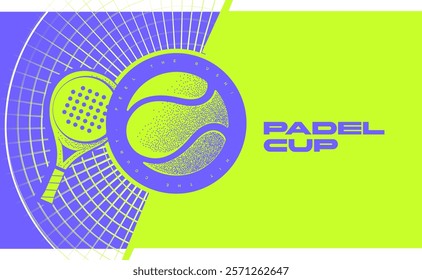 padel sport banner with padel racket and ball on purple and green background