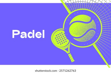 Padel sport banner with padel racket and ball on purple and green background. banner, poster, flyer