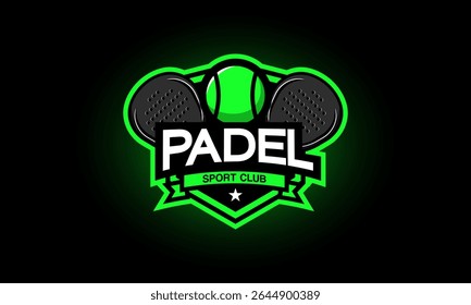 Padel sport club emblem logo. Symbol with shield, star, ribbon, racket, and ball icon for tournament or club. Sports vector template