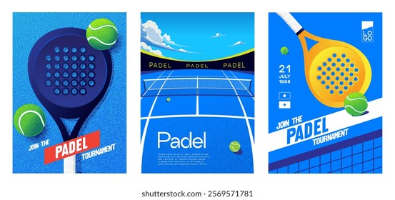 padel sport competition posters on blue background with padel court, ball and racket. background, texture, flyer