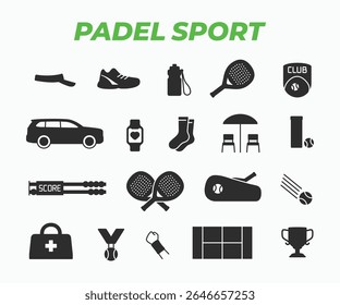 Padel sport icons set in flat style. simple minimal symbol with padel racket, ball, court, score board