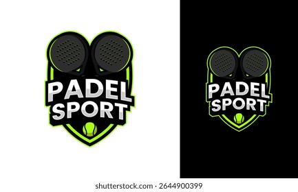 Padel sport logo design. Emblem symbol with racket, ball, and strong style for club or team. Bold shield icon concept