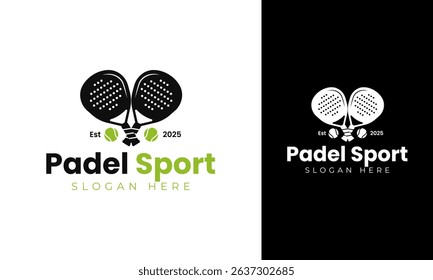 Padel sport logo design. Sport symbol with duo racket and ball tennis competition. Paddle tennis vector illustration