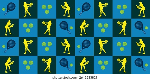 padel sport pattern background. silhouette of player, racket, and ball.