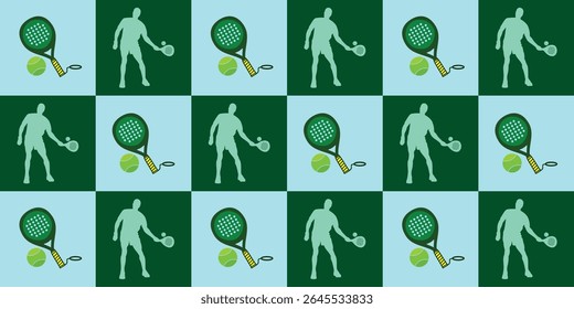 fundo padrão de padel sport. silhueta do jogador, raquete e bola.