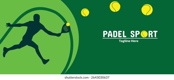 design de modelo de pôster de esporte padel. silhueta de atleta, bola e raquete. faixa e anúncio.