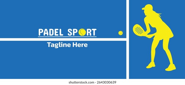 design de modelo de pôster de esporte padel. silhueta de atleta, bola e raquete. faixa e anúncio.