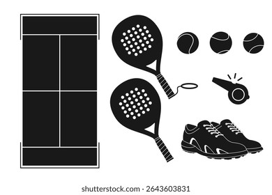 conjunto de design de equipamentos de esportes padel. racket, bola, sapatos e quadra. estilo preto.