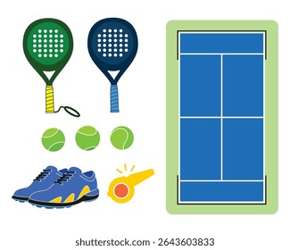 conjunto de design de equipamentos de esportes padel. raquete, bola, sapatos e quadra.