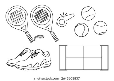 conjunto de design de equipamentos de esportes padel. racket, bola, sapatos e quadra. estilo de contorno.