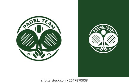Projeto do logotipo da equipe Padel. Símbolo de raquete com conceito de emblema de bola e círculo para clube esportivo. Ícone de vetor de tênis de padel