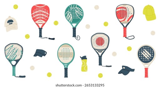 Padel tennis equipments set. Paddle rackets, visors, baseball cap and balls. Various shapes palas. Diamond, round and teardrop shapes sports accessories. Vector illustration on white background.