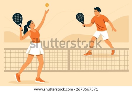 Padel tennis. Flat vector illustration of players man and woman preparing to serve. Team match scene with stylish design. Great for teamwork, padel tennis and competitions
