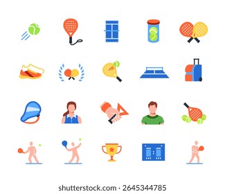 Conjunto de ícone de tênis Padel. Sinais coloridos com raquete de remo, bola, quadra de esportes para jogo, taça de campeão e atletas. Elementos de design para aplicativo. Coleção de ilustrações de vetor plana isolada no plano de fundo