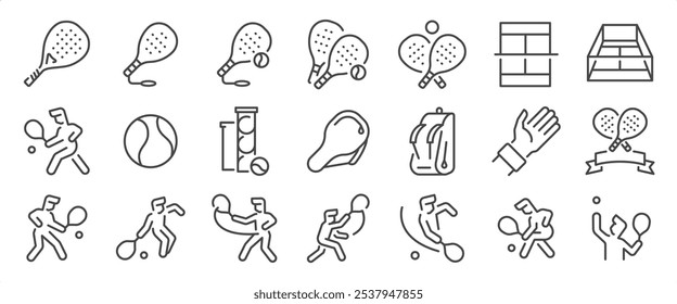 Padel tennis out icon set. It included contexts such as padel tennis, racket, paddle, player, ball, playing, and more. Editable Vector Stroke.