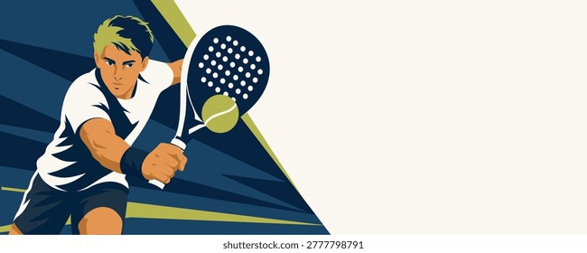 Padel tennis. Player in dynamic pose with racket hit the ball. Modern vector poster design with bright colors and space for text. For sports promotions, padel tournaments, clubs, posters, social media