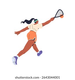 Padel tennis player is rushing to hit ball with racket. Sportswoman with racquet is in squash match, competition. Black woman plays sports game. Flat isolated vector illustration on white background