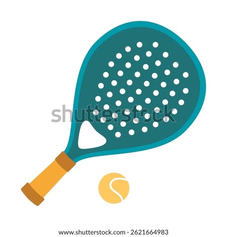 Padel tennis racket and ball. Simple sports equipment design for team games and athletic themes. Modern vector illustration isolated on white background, hand drawn, flat design
