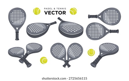 Diseño de raqueta de pádel y Vector de pelota. Ilustración vectorial realista moderna del tenis del pádel aislada en el fondo blanco