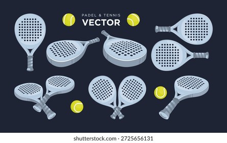 Diseño de raqueta de pádel y Vector de pelota. Ilustración vectorial realista moderna del tenis del pádel aislada en el fondo blanco