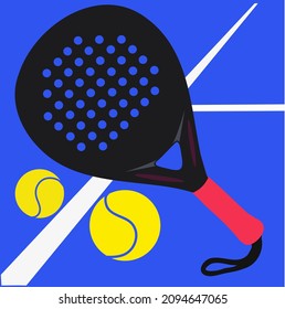 padel tennis racket with balls on the blue court. paddle tennis 