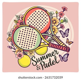 Padel tennis. Padel rackets and balls surrounded with flowers and butterflies. Vintage vector poster with lettering. Summer and padel.