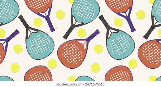 Padel tenis. Raquetas de pádel y pelotas de tenis. Vector sin patrón.