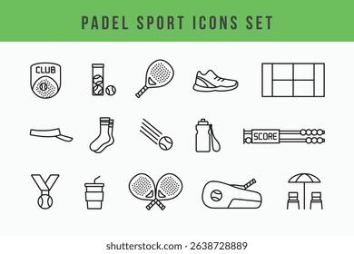 Padel tennis sport icons set in line art outline style vector illustration. Padel racket, score board, shoe, hat, etc.