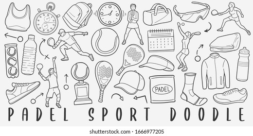 Padel and Tennis Sports Doodle Line Art Illustration. Hand Drawn Vector Clip Art. Banner Set Logos.