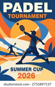 Padel tennis tournament. Bright vector banner, poster. Dynamic silhouettes of players in action, geometric background. Graphic design with a place for text for sports events, promotional materials