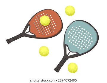 Padel tennis. Two padel rackets and tennis balls. Vector isolated illustration.