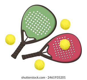 Padel tennis. Two padel rackets and tennis balls. Vector isolated illustration.