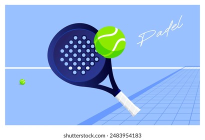 padel, tennis, vector banner with the image of a ball and padel racket, padel court, net