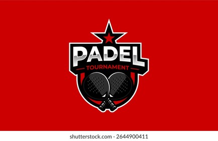 Padel tournament badge logo. Sport symbol with racket, star, and strong concept for championship or competitions icon. Padel tennis vector template